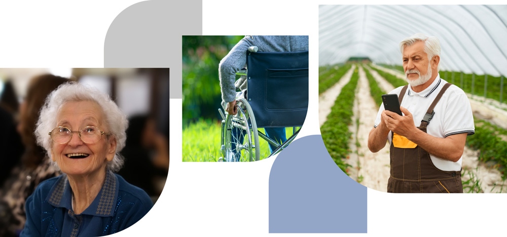 Collage de tres imágenes, una anciana en una residencia, un joven en silla de ruedas y un agricultor