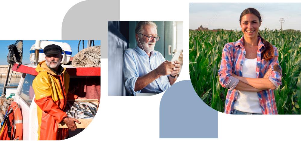 Collage de 3 fotos con un pescador, una mujer en el campo y un hombre mayor en casa mirando un móvil